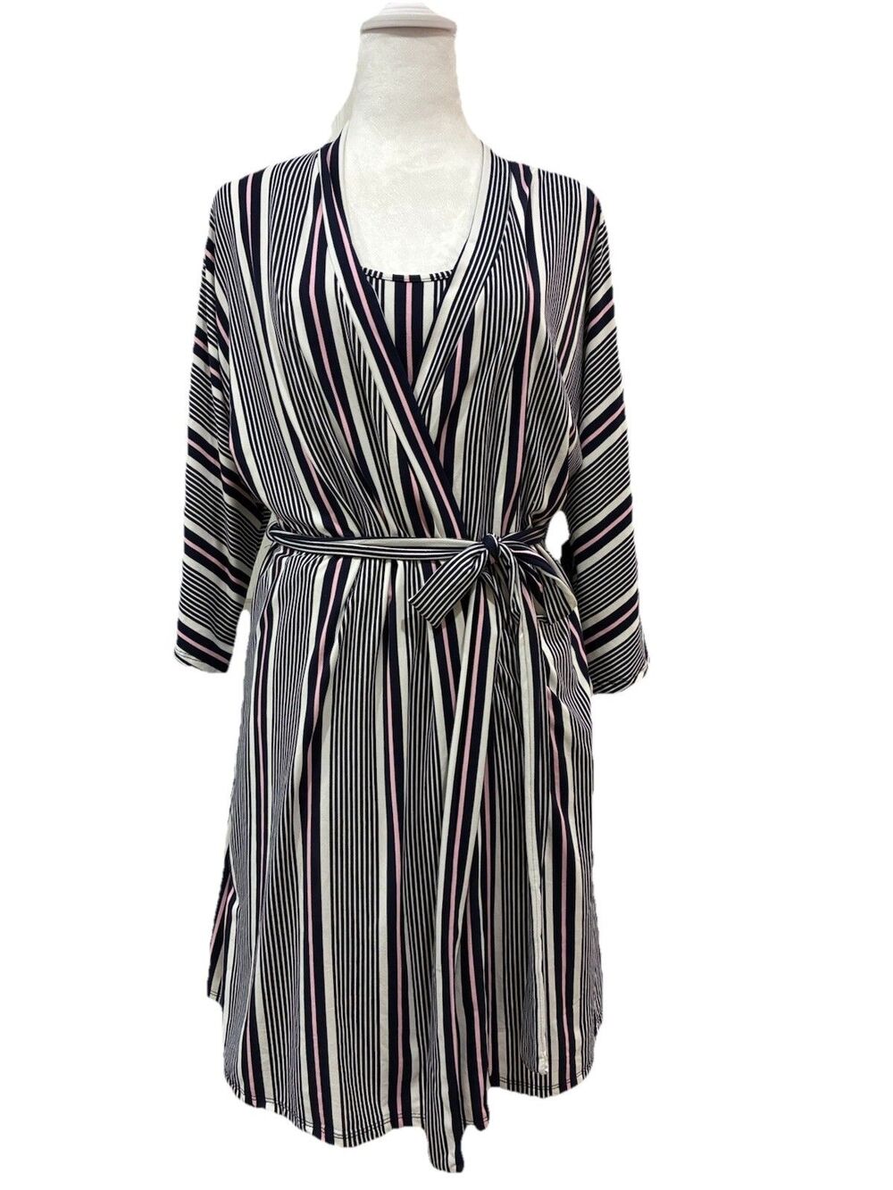 NWT Laura Ashley Sleepwear Gown & Robe Set Indigo Stripe Women’s Size Medium